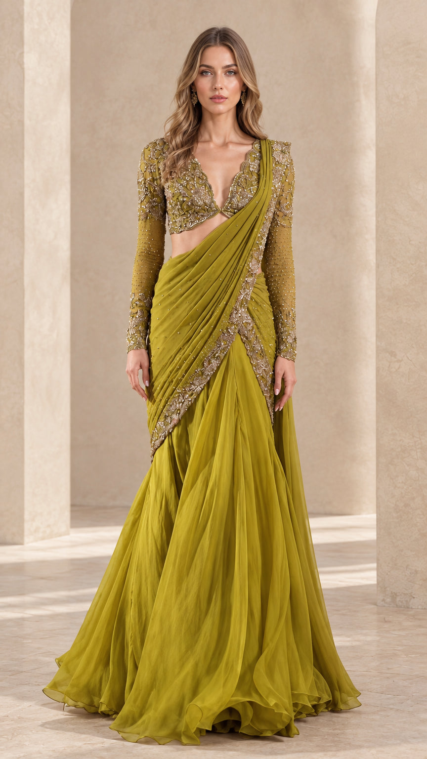 Front view of olive green pre-draped saree gown with long sleeve beaded bodice