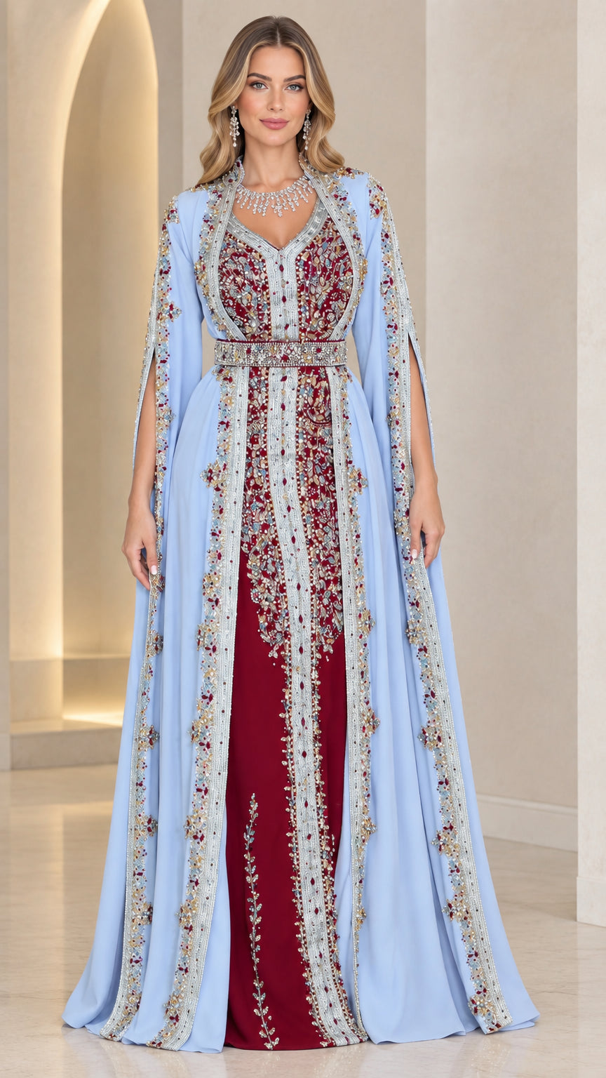 Light Blue Embellished Moroccan Kaftan Cape Evening Gown front view