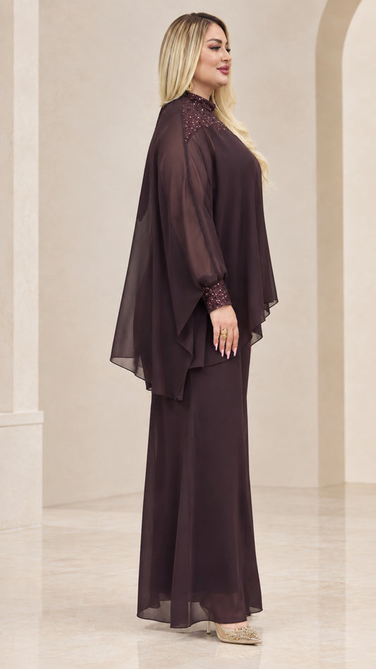 Side profile of woman in Plum two-piece chiffon evening pant suit