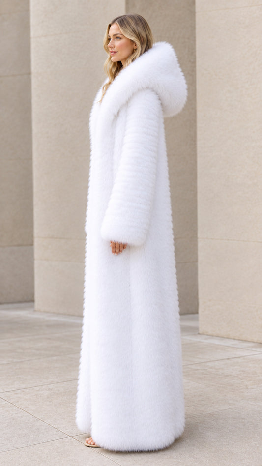 Full-length white hooded faux fur maxi overcoat side view