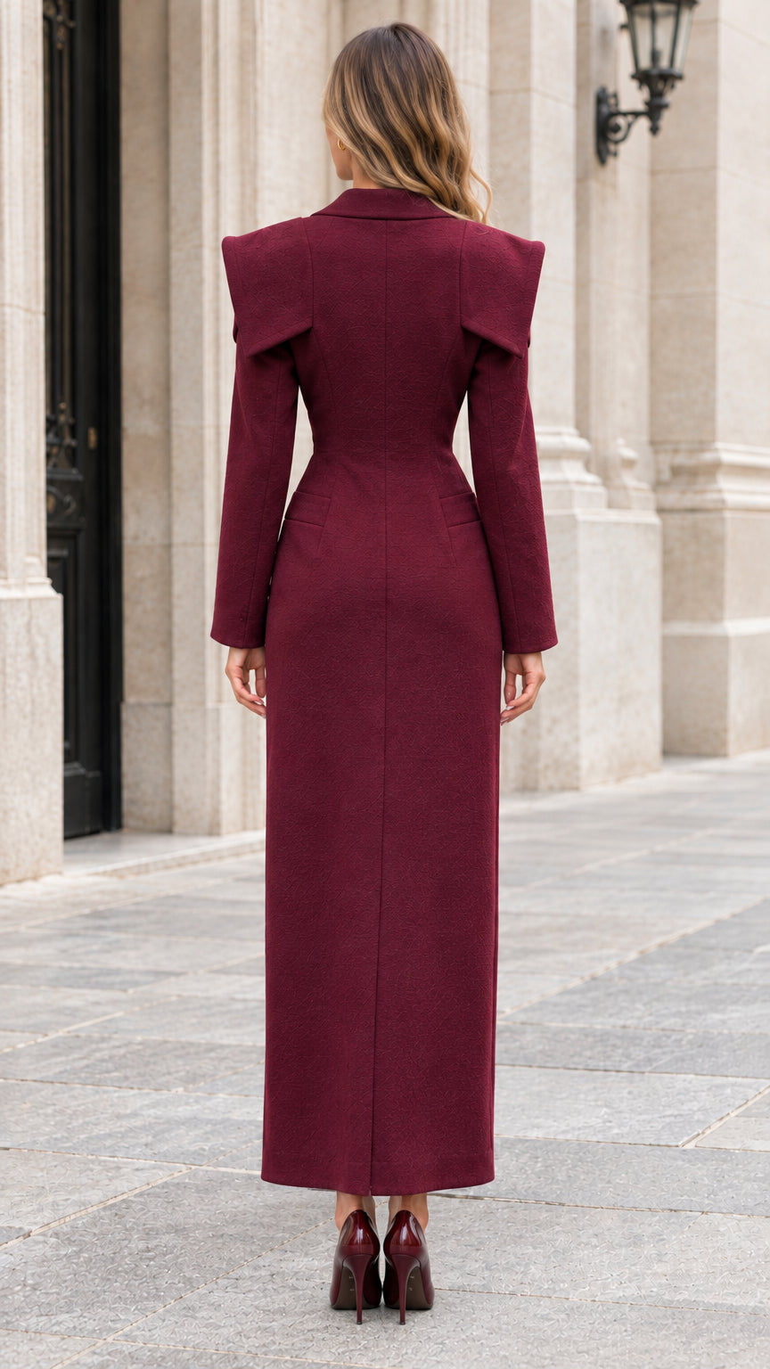 Back view of the Burgundy tailored maxi coat highlighting the cinched waist