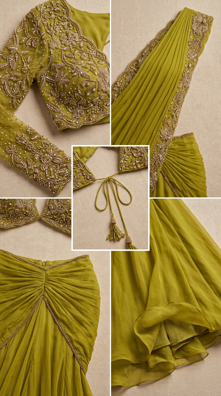 Close-up details of intricate beading, pleating, and back tassel closure