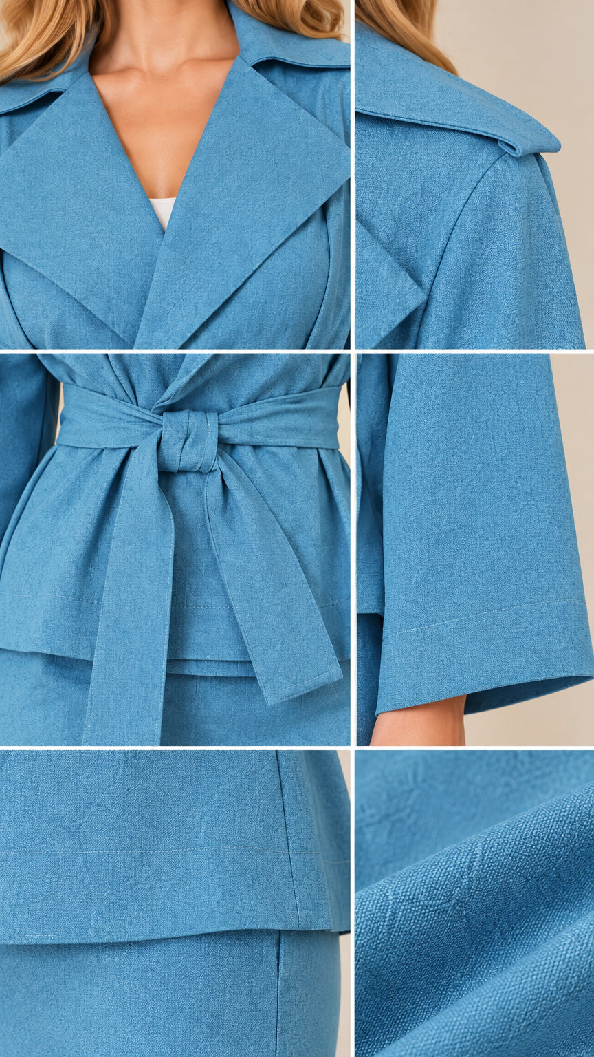 Close-up details of collar lapel, tie belt, wide sleeve, and fabric texture on blue two-piece set