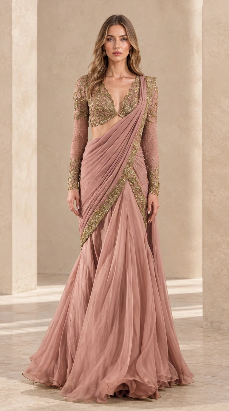 Front view of dusty rose pre-draped saree evening dress with beading