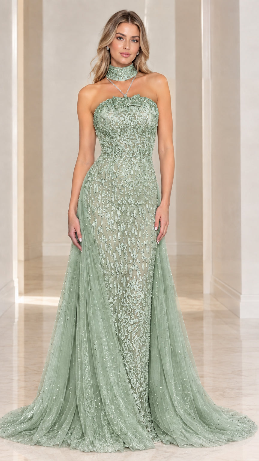 Model wearing Sage Green lace strapless evening gown with train and neckpiece