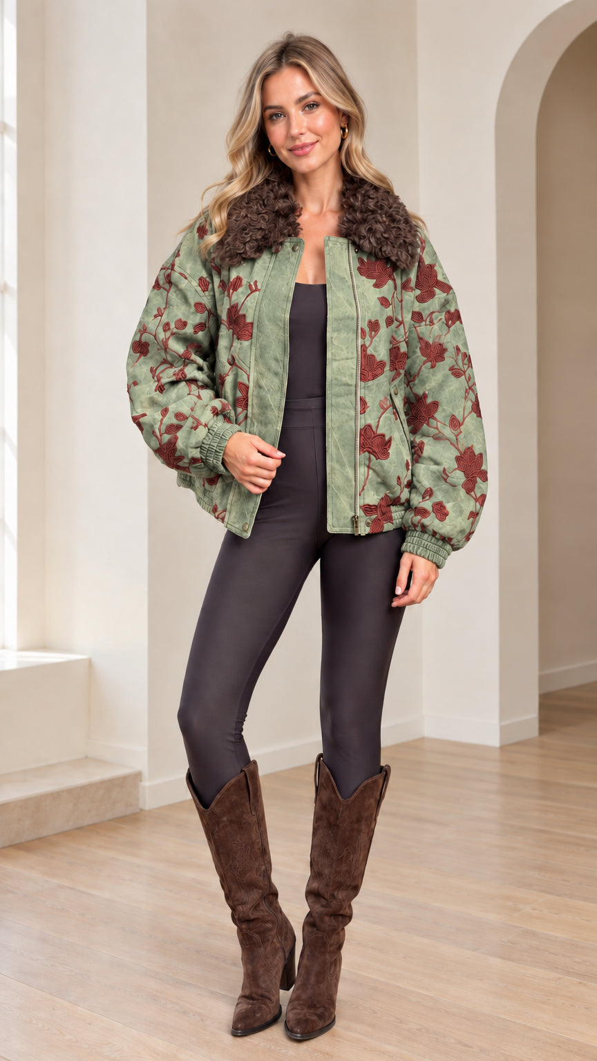 Front view of woman wearing Sage Green floral embroidered bomber jacket with faux fur collar
