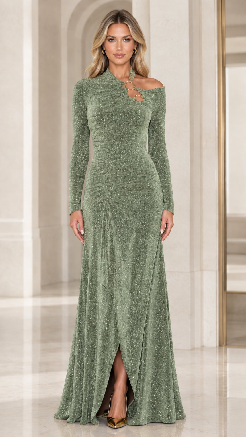 Front full-length view of sage green glitter asymmetric cutout maxi dress