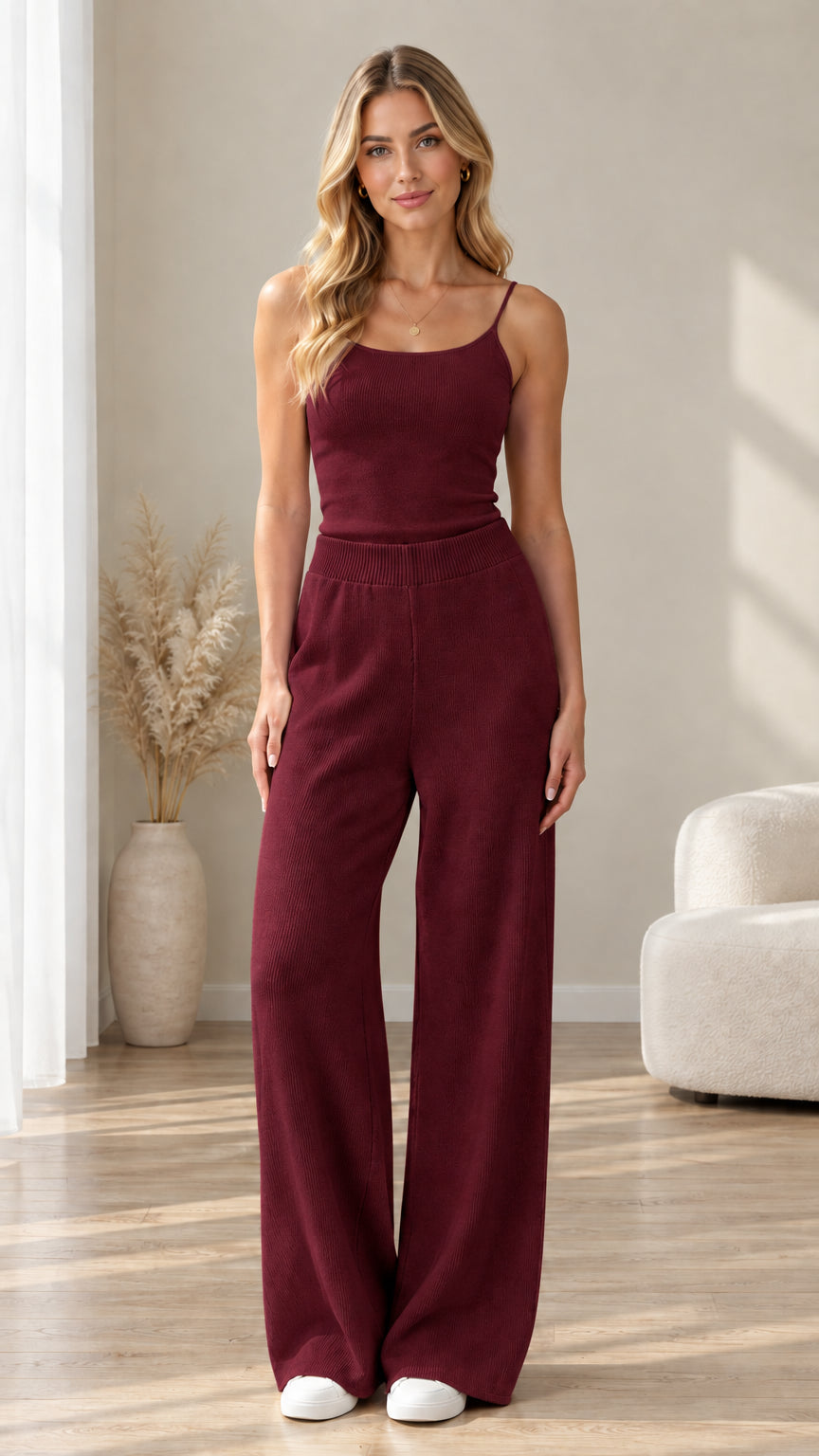 Front view of woman wearing burgundy wine ribbed knit cami and wide-leg pants set