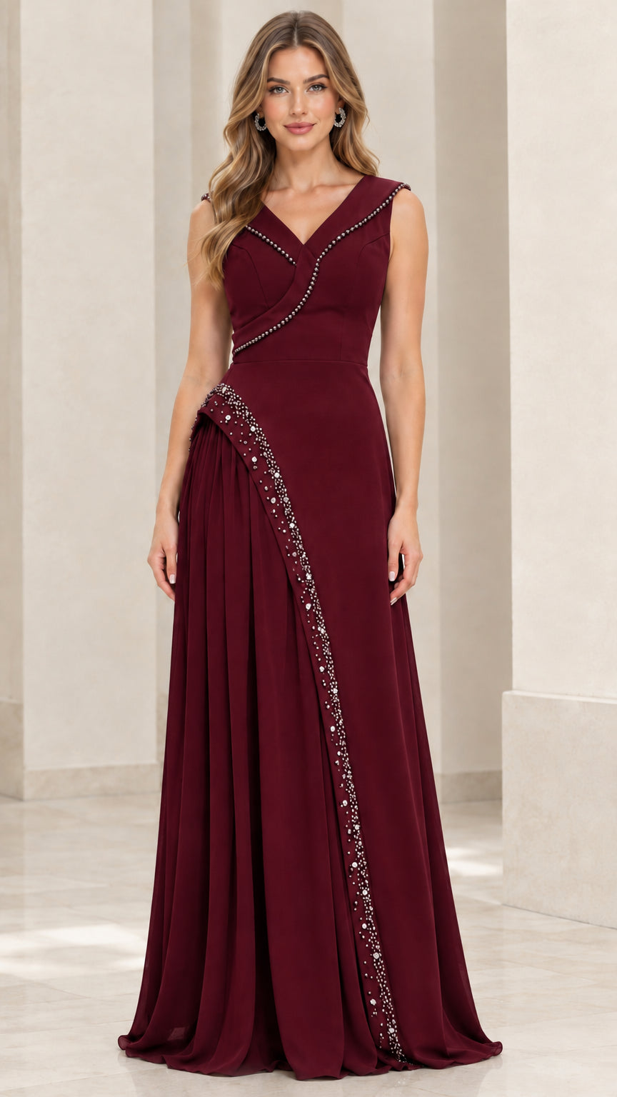 Front view of woman wearing sleeveless burgundy wine beaded chiffon evening gown