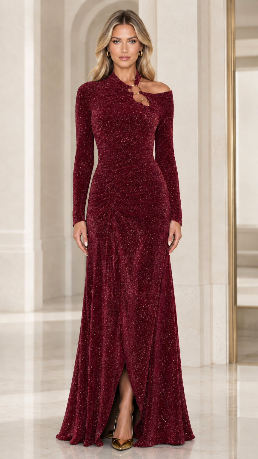 Front full-length view of burgundy glitter cutout long sleeve evening gown