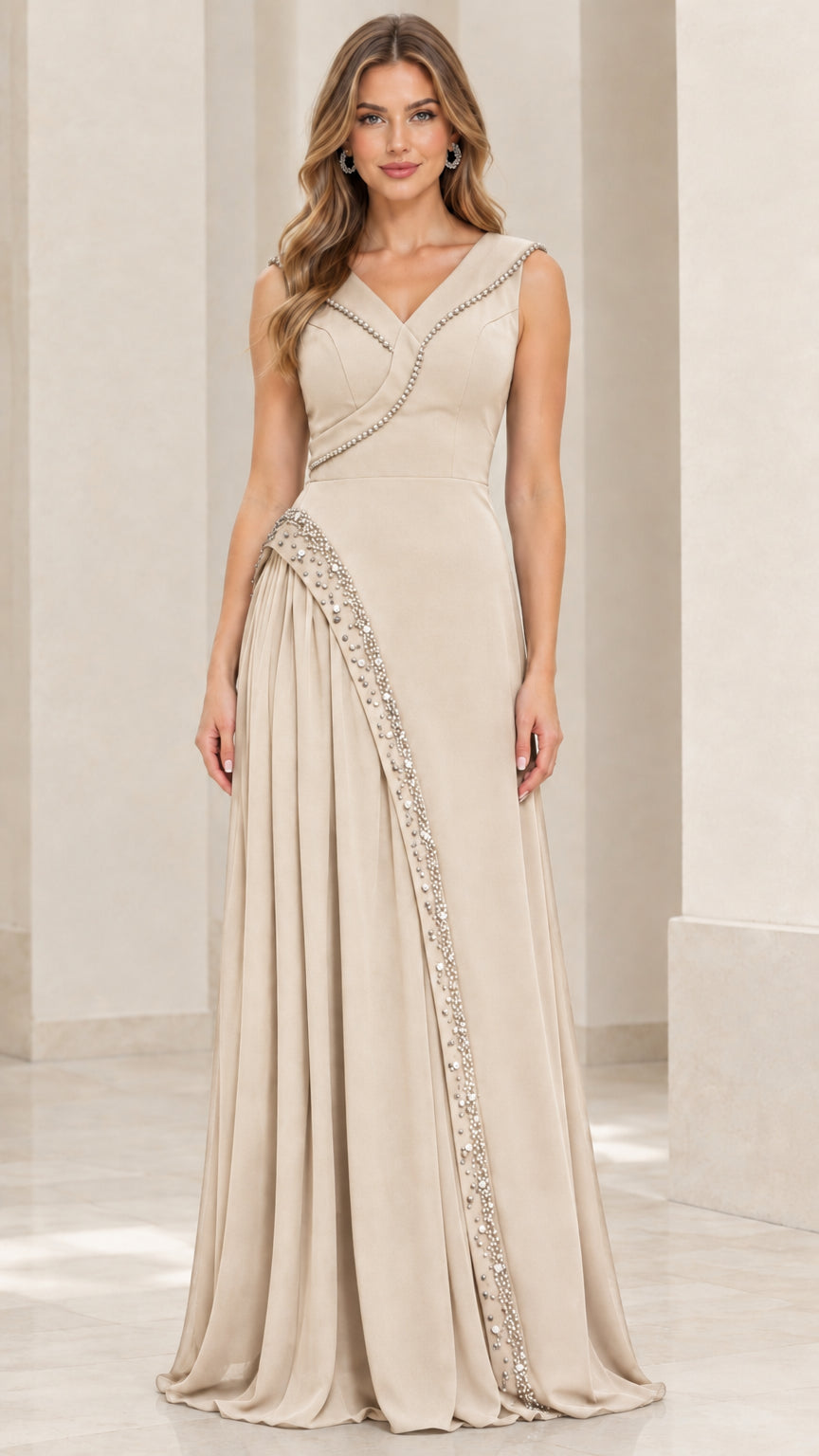 Front view of woman wearing sleeveless champagne beige beaded chiffon evening gown