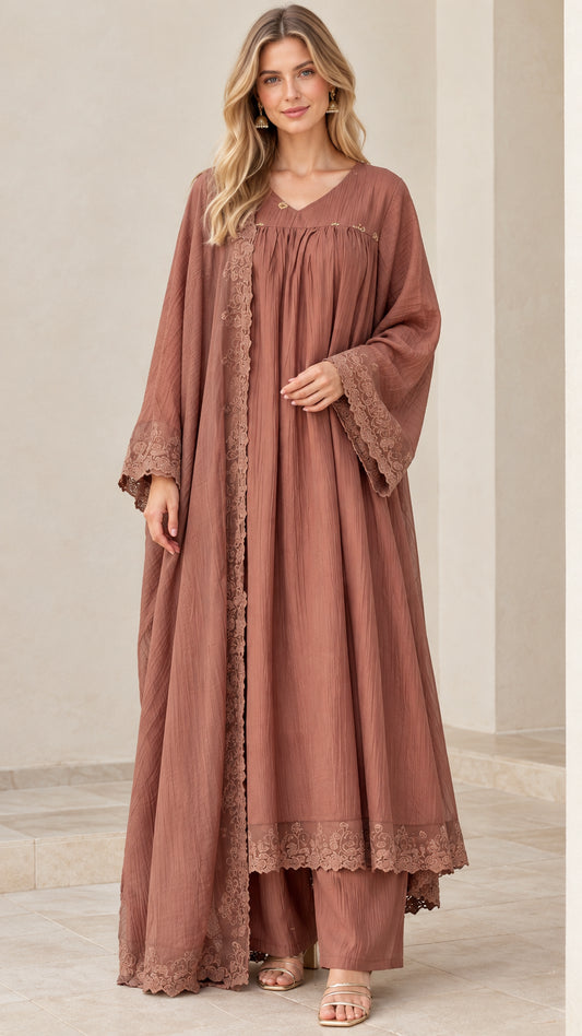 Front full-length view of model wearing dusty rose 3-piece abaya set with lace trim