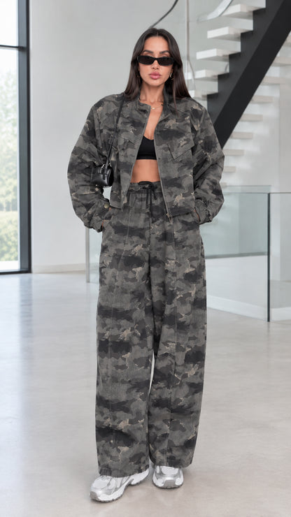 Front view of model wearing Green Camo cropped jacket and wide-leg pants two-piece set