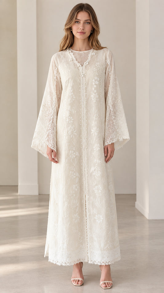 Front view of cream floral lace maxi abaya dress with flared bell sleeves
