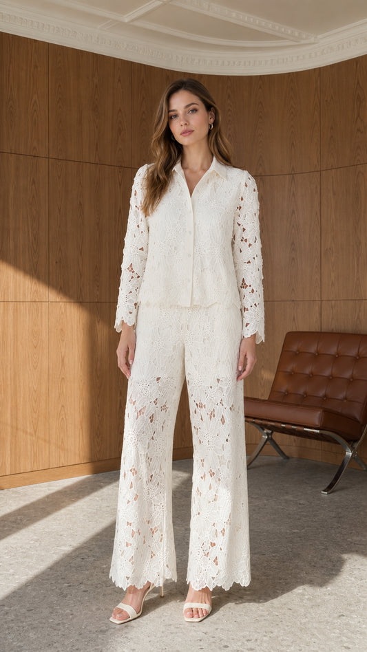 Front full view of ivory floral lace button-down shirt and matching wide leg pants set