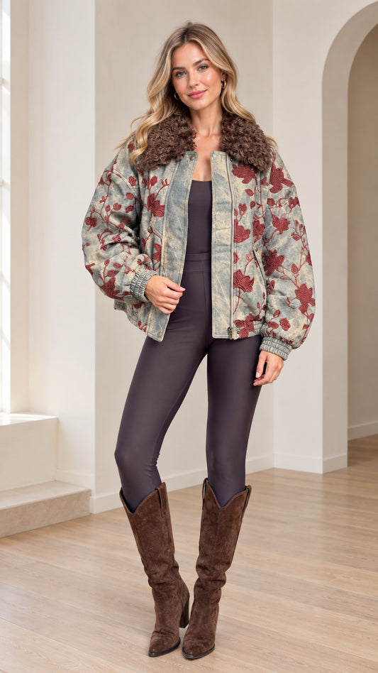 Front full view of woman wearing Washed Blue floral embroidered bomber jacket with brown faux fur collar and boots