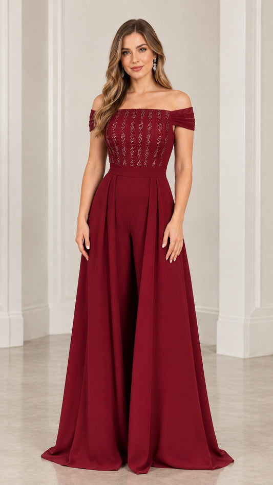 Front view of burgundy off-the-shoulder embellished wide-leg formal jumpsuit