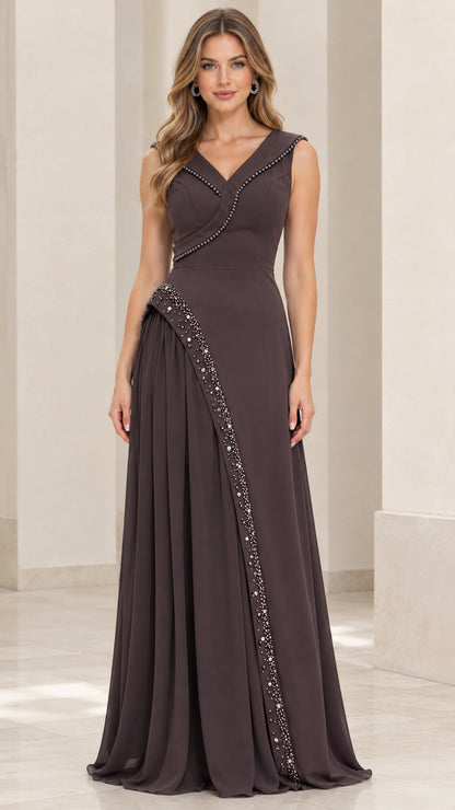Front view of woman wearing sleeveless espresso brown beaded chiffon evening gown
