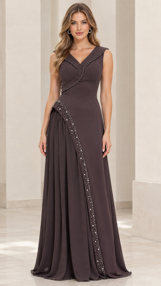 Front view of woman wearing sleeveless espresso brown beaded chiffon evening gown