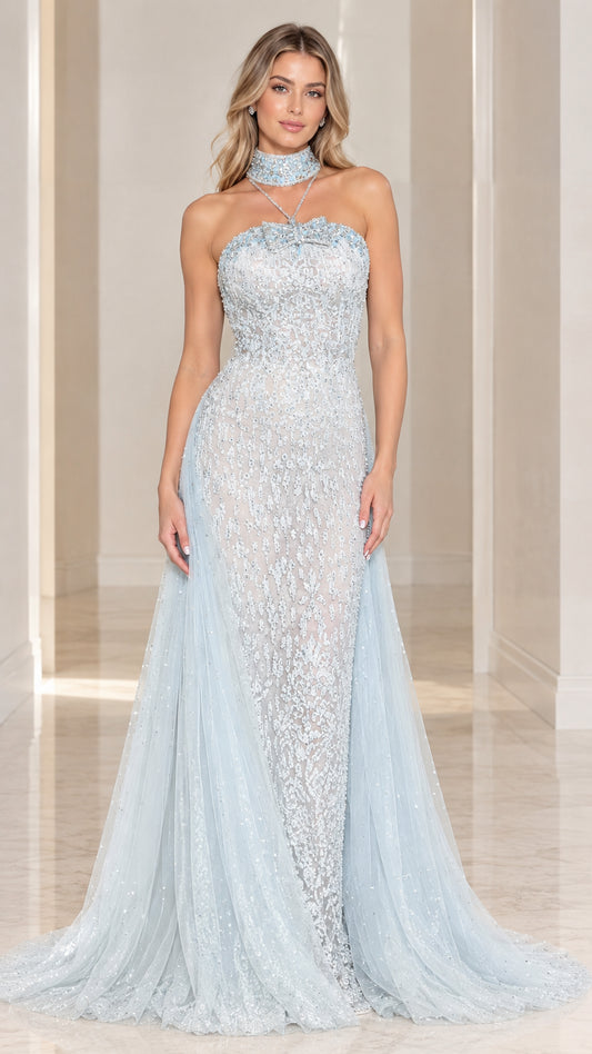 Front view of model wearing Light Blue embellished lace strapless evening gown with choker