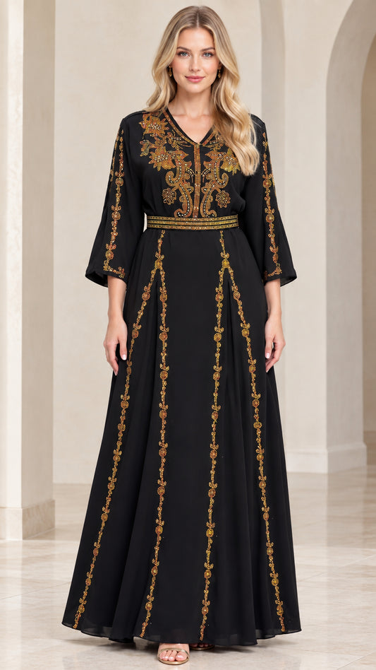 Front full view of black embroidered V-neck maxi dress with gold detailing