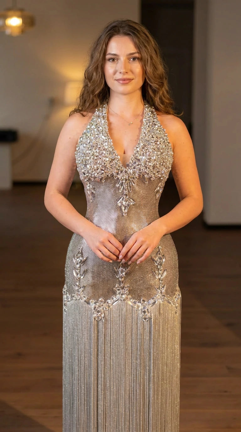 Front view of model wearing a shimmering silver halter fringe evening gown with crystal rhinestone embellishments