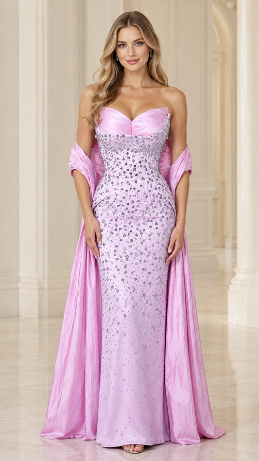 Front view of model wearing lavender strapless sweetheart beaded evening gown with draped cape wrap