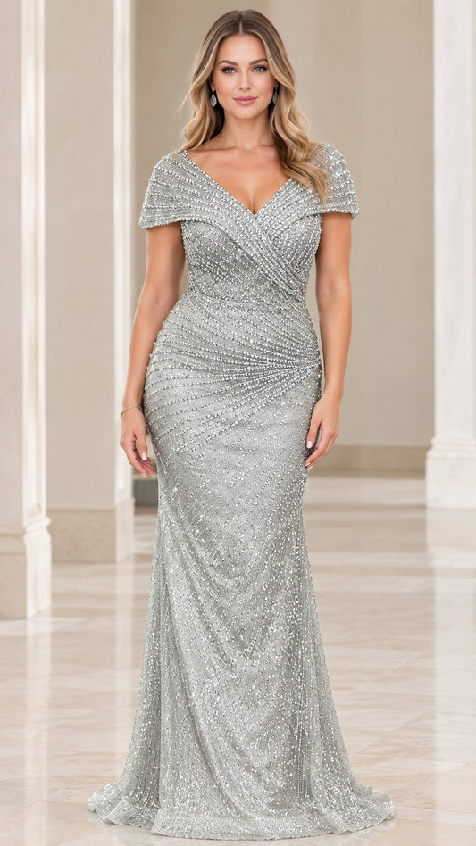 Front view of model wearing a shimmering silver beaded mermaid evening gown with cap sleeves