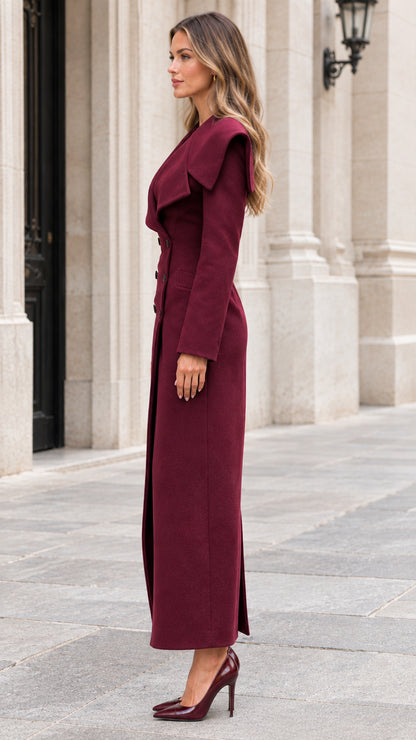 Side profile view of the Burgundy double-breasted longline coat