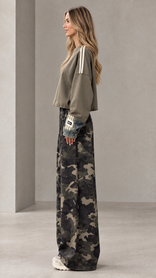 Side profile view of olive green cropped sweatshirt and wide-leg camo pants