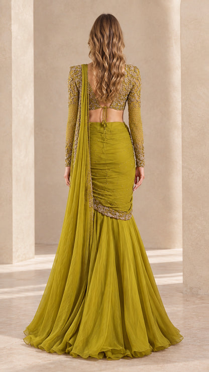 Back view of olive green pre-draped saree gown showing back tie details