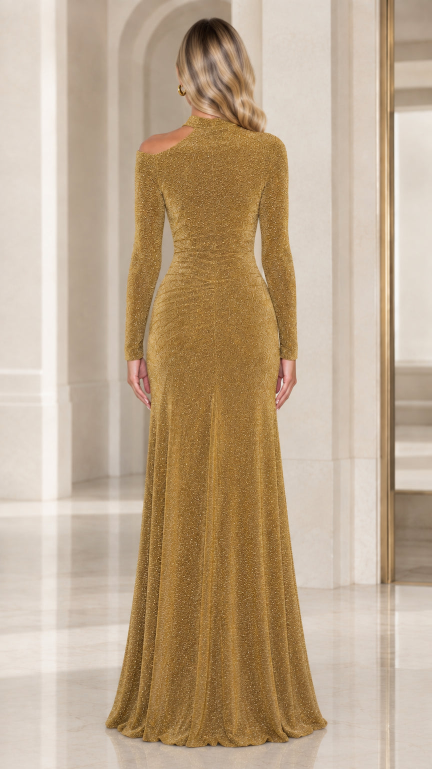 Back full-length view of gold metallic long sleeve formal evening gown