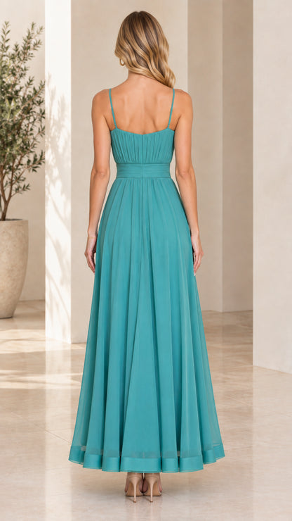 Back view of teal spaghetti strap pleated chiffon maxi dress