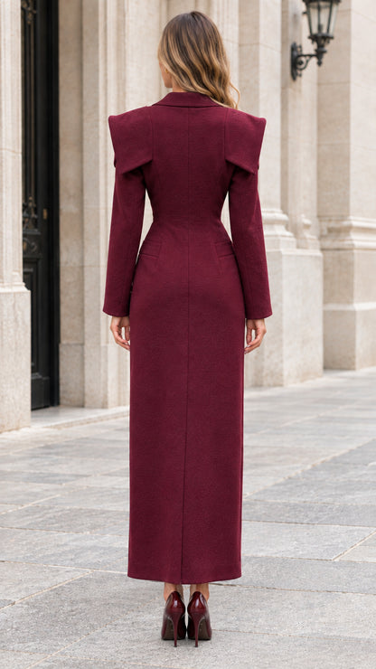 Back view of the Burgundy tailored maxi coat highlighting the cinched waist