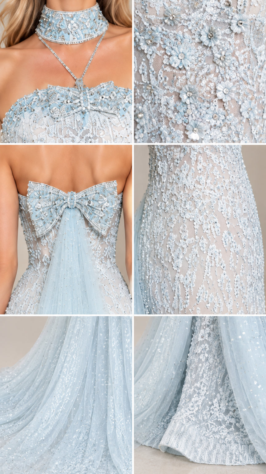 Close-up details of collar, floral lace embroidery, and back bow on Light Blue gown