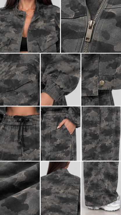 Close-up details of Green Camo jacket zipper, pockets, cuffs, and pant drawstring