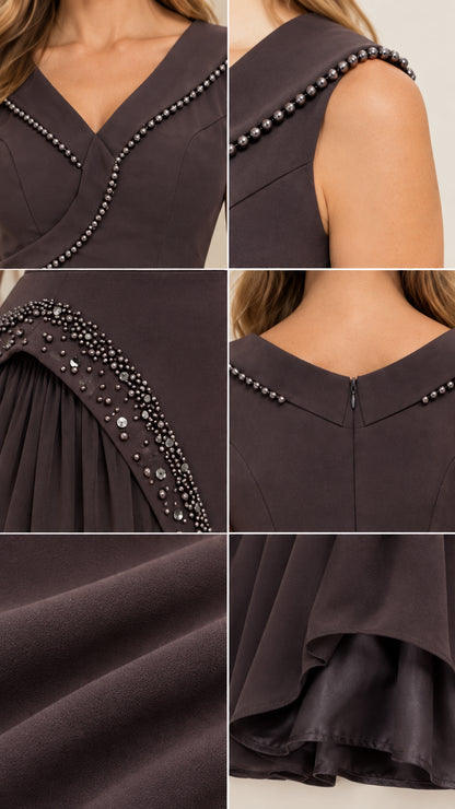 Detailed close-ups of beaded neckline, waist embellishments, chiffon fabric, and lining