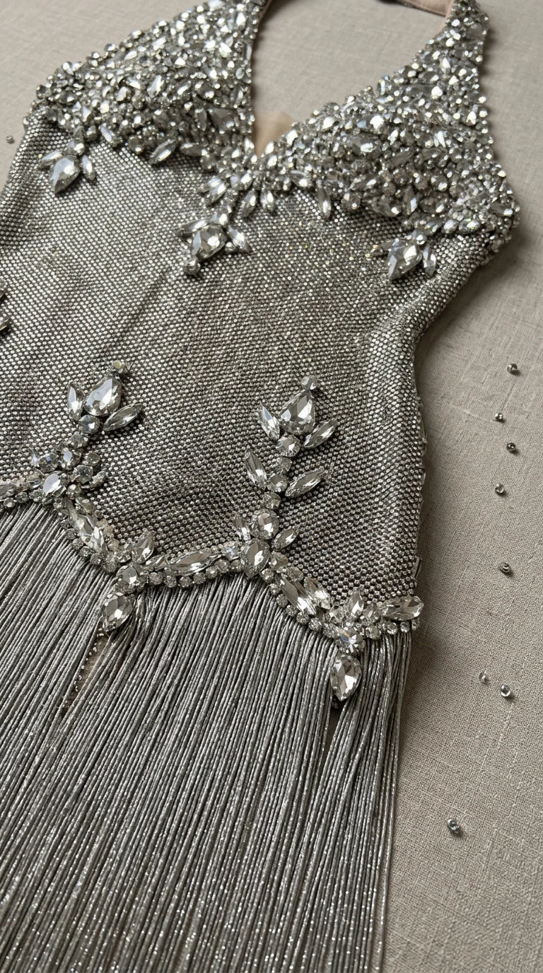 Close-up detail of silver crystal rhinestone embellishments and delicate tiered fringe trim
