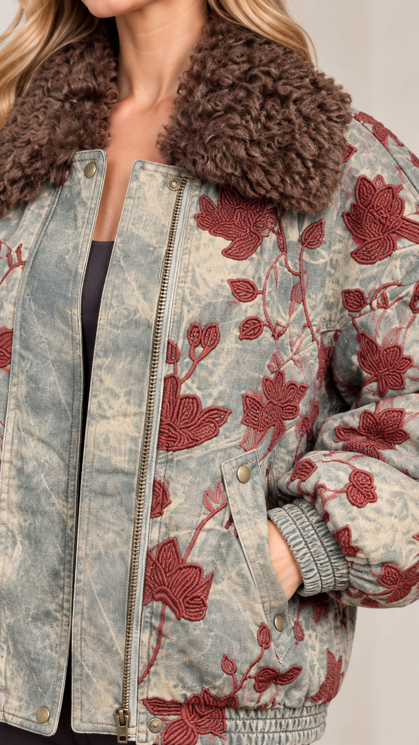 Close-up detail of Washed Blue embroidered floral design, zipper, and brown textured faux fur collar