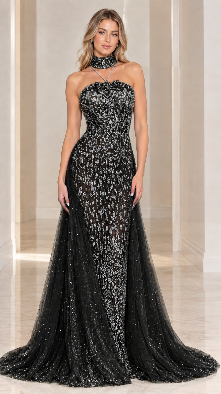 Model wearing Black embellished lace strapless evening gown with matching choker and train
