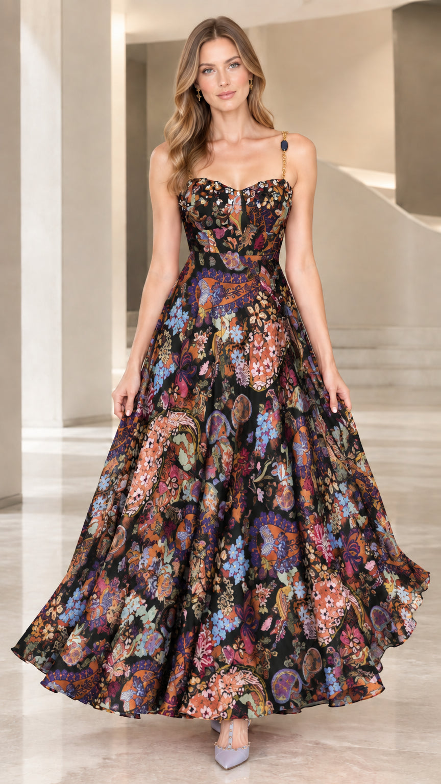 Full-length view of black floral sweetheart bustier maxi dress