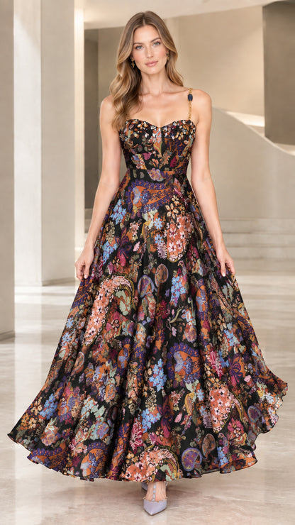 Full-length view of black floral sweetheart bustier maxi dress