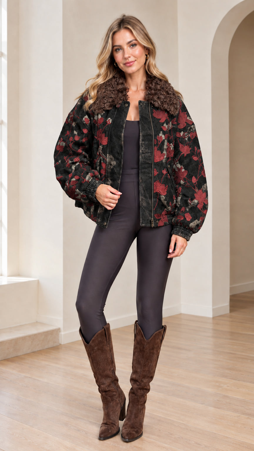 Front view of woman wearing Vintage Black floral embroidered bomber jacket with faux fur collar