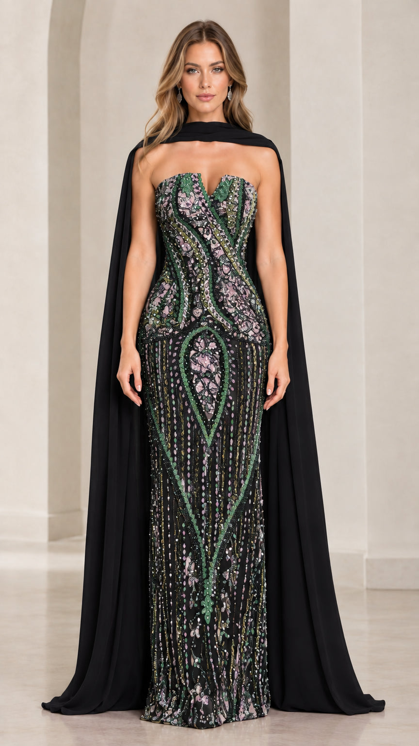 Full-length view of black beaded column gown with black chiffon cape