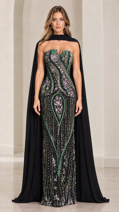 Full-length view of black beaded column gown with black chiffon cape