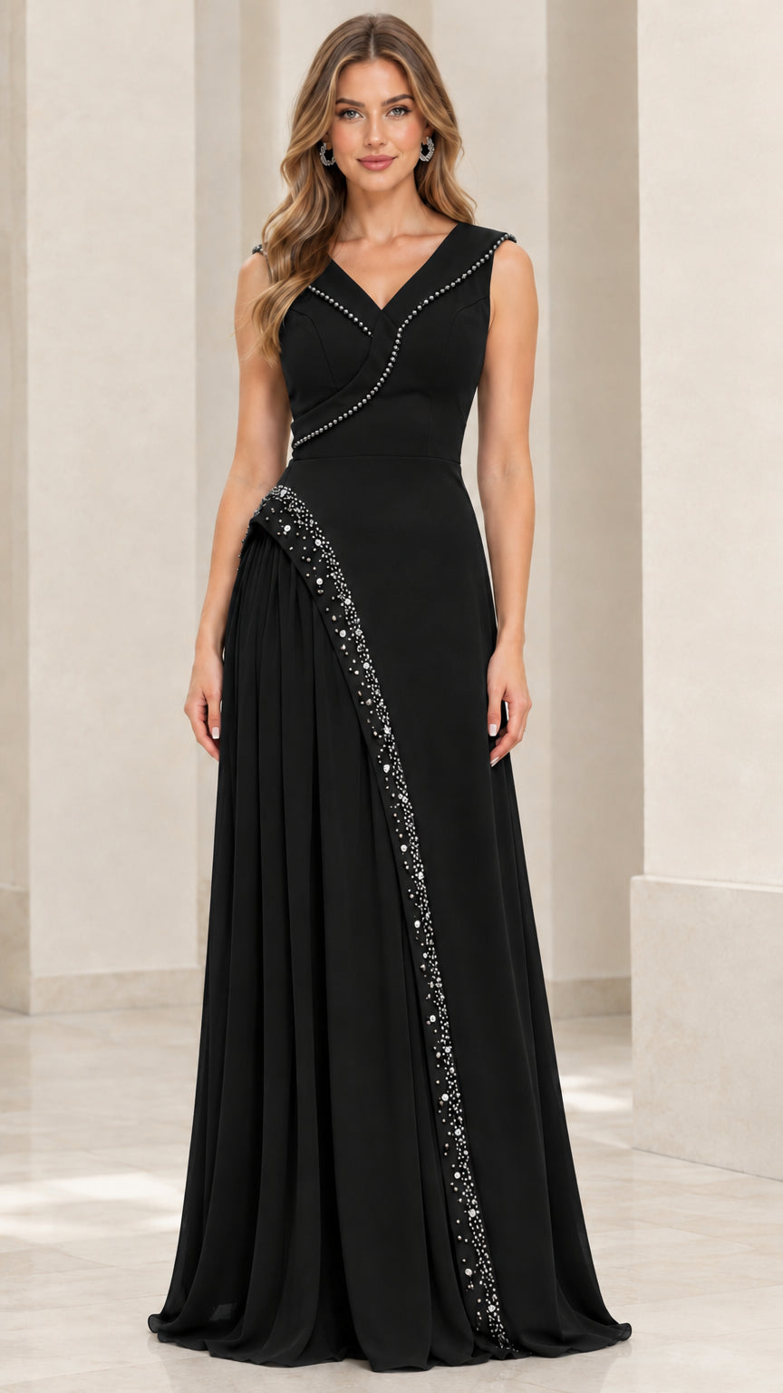Front view of woman wearing sleeveless black beaded chiffon evening gown