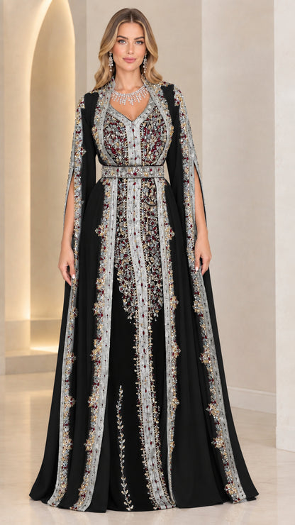 Black Embellished Moroccan Kaftan Cape Evening Gown front view