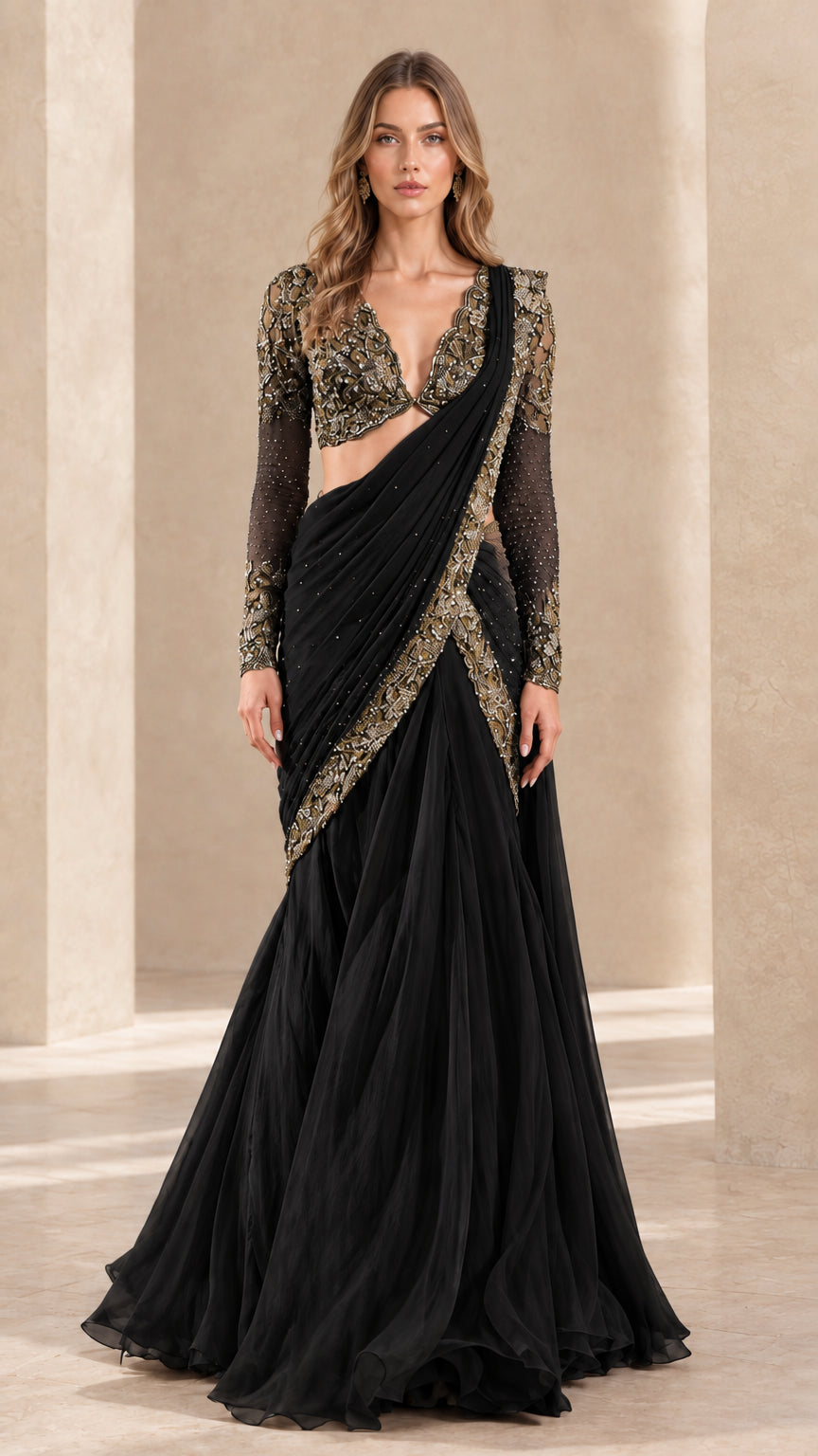 Front view of black pre-draped embellished saree evening gown