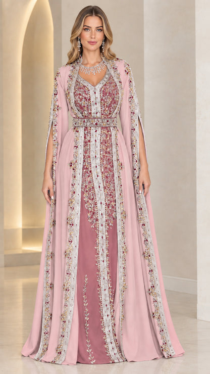 Dusty Pink Embellished Moroccan Kaftan Cape Evening Gown front view