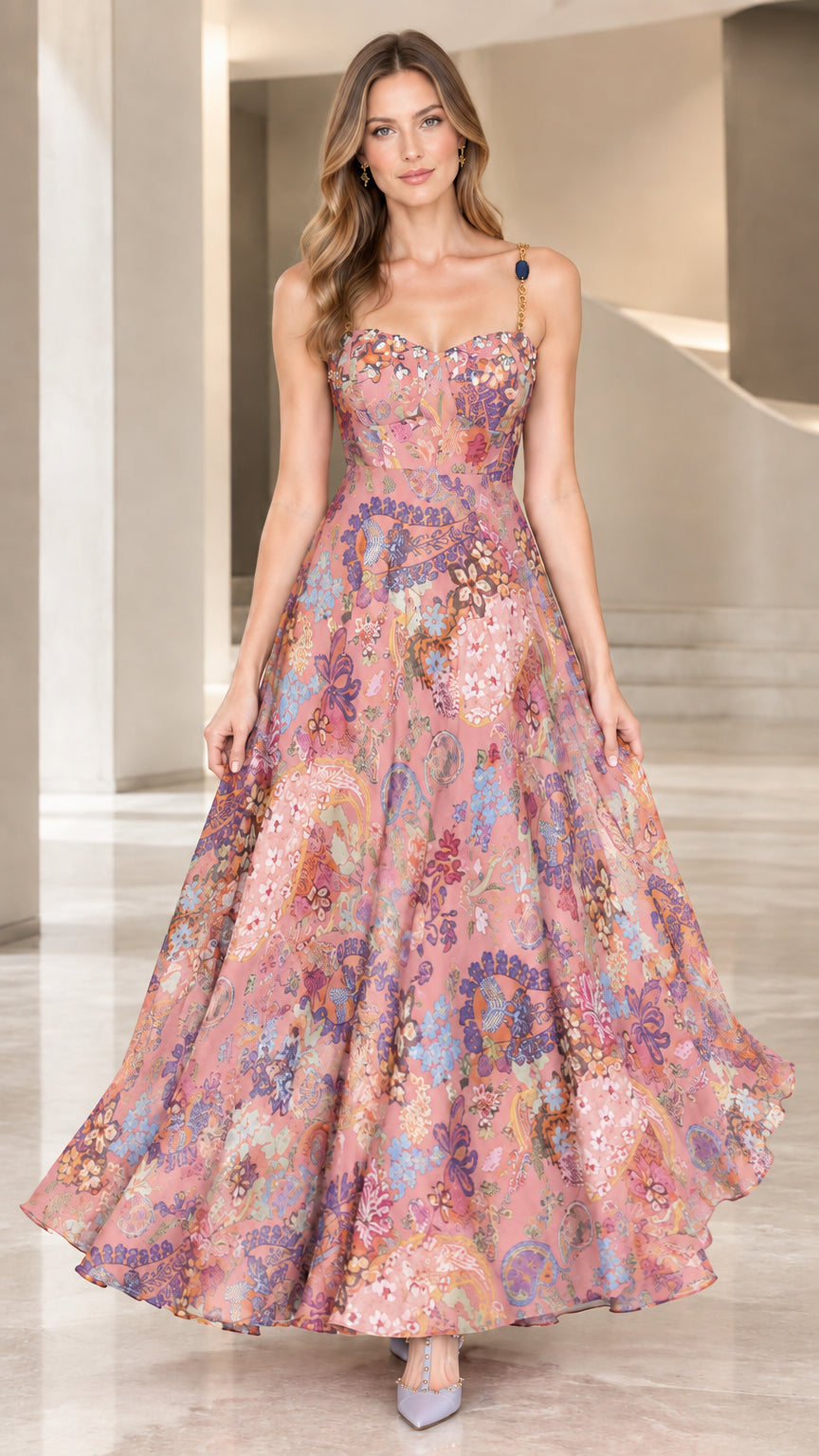 Full-length view of pink floral sweetheart corset maxi dress